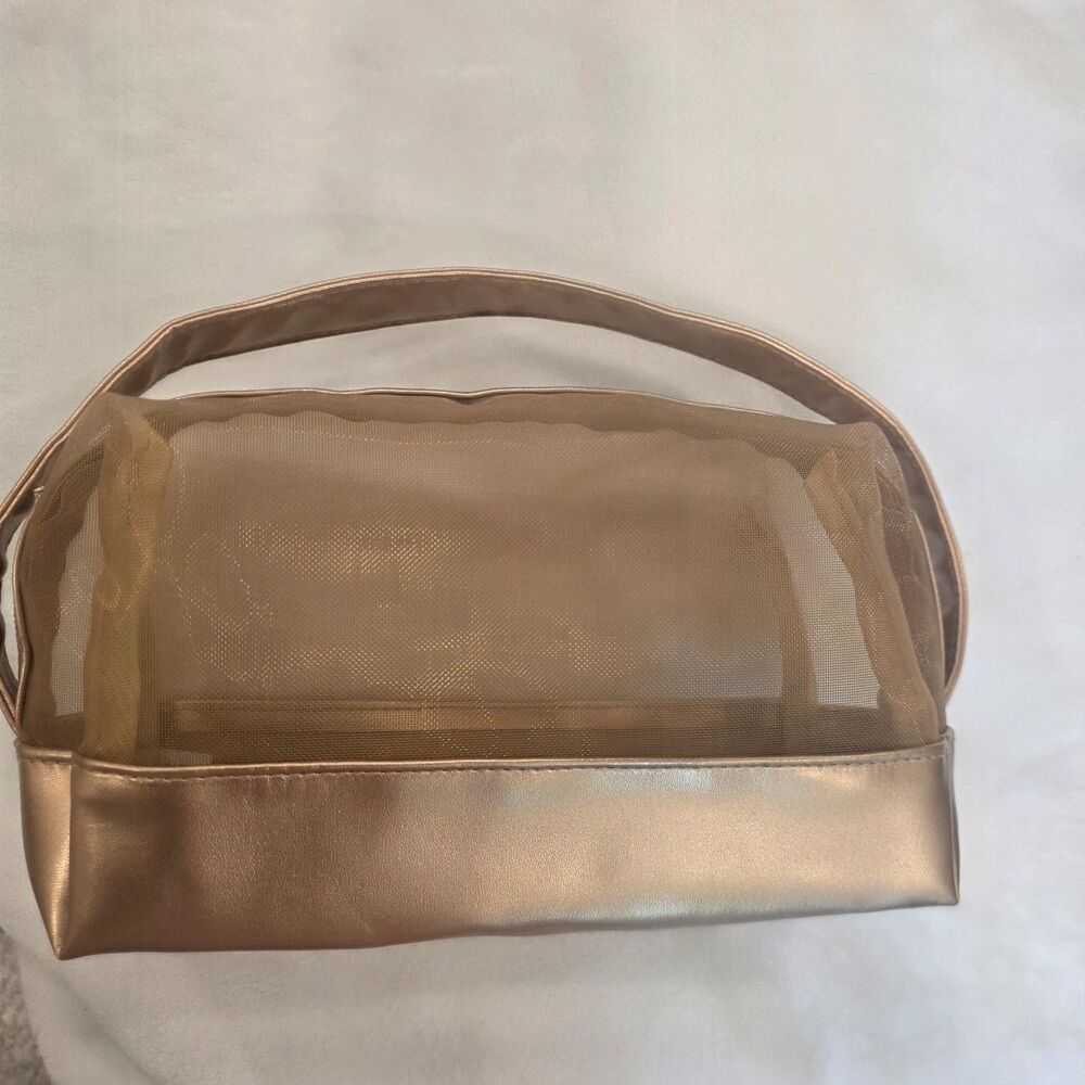 Gold Mesh Cosmetic Bag with Faux Leather Trim